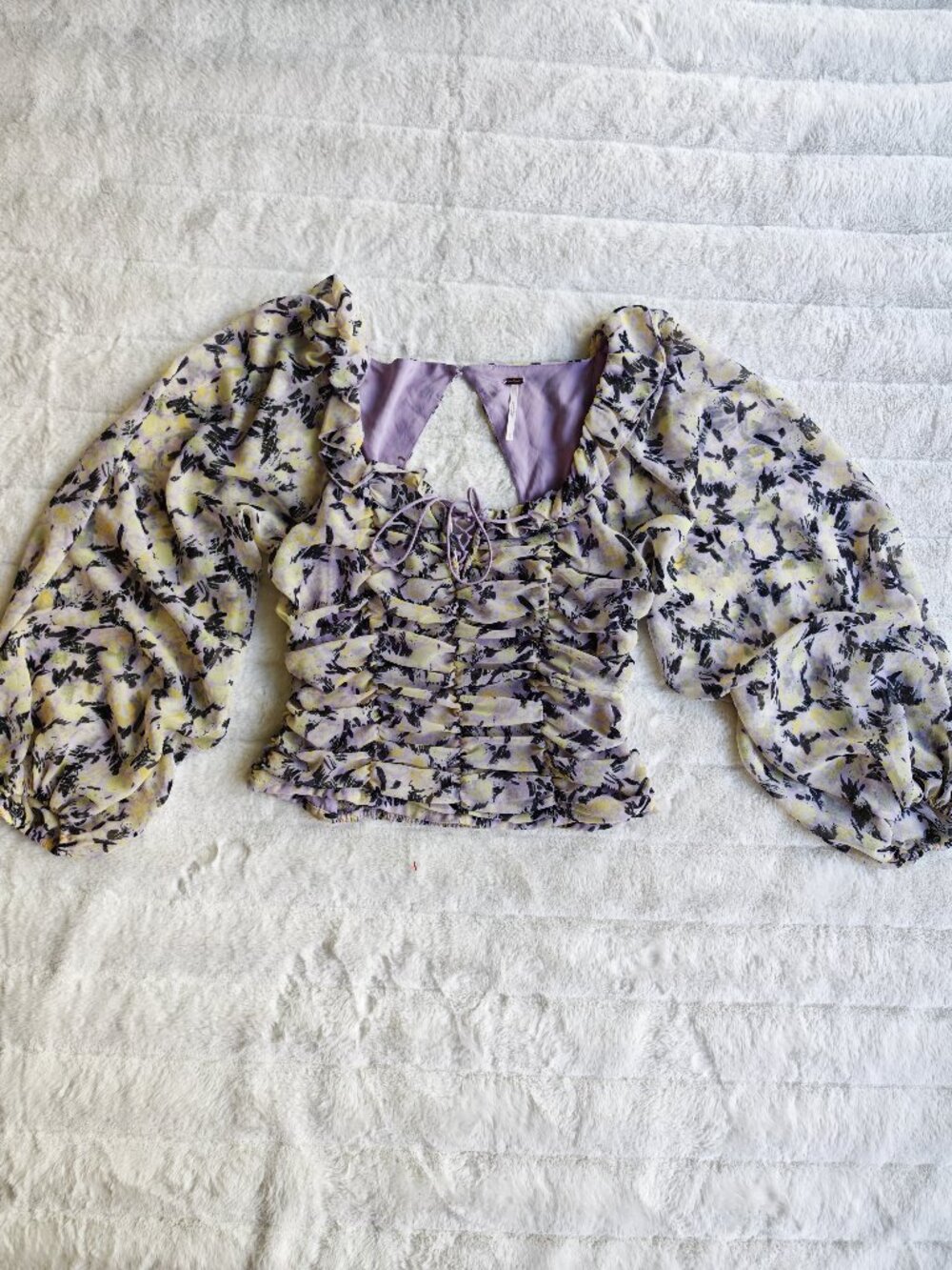 Free People Floral Ruched Blouse Top Puff Sleeve Tie Front Cottagecore Boho Roma - Picture 5 of 13